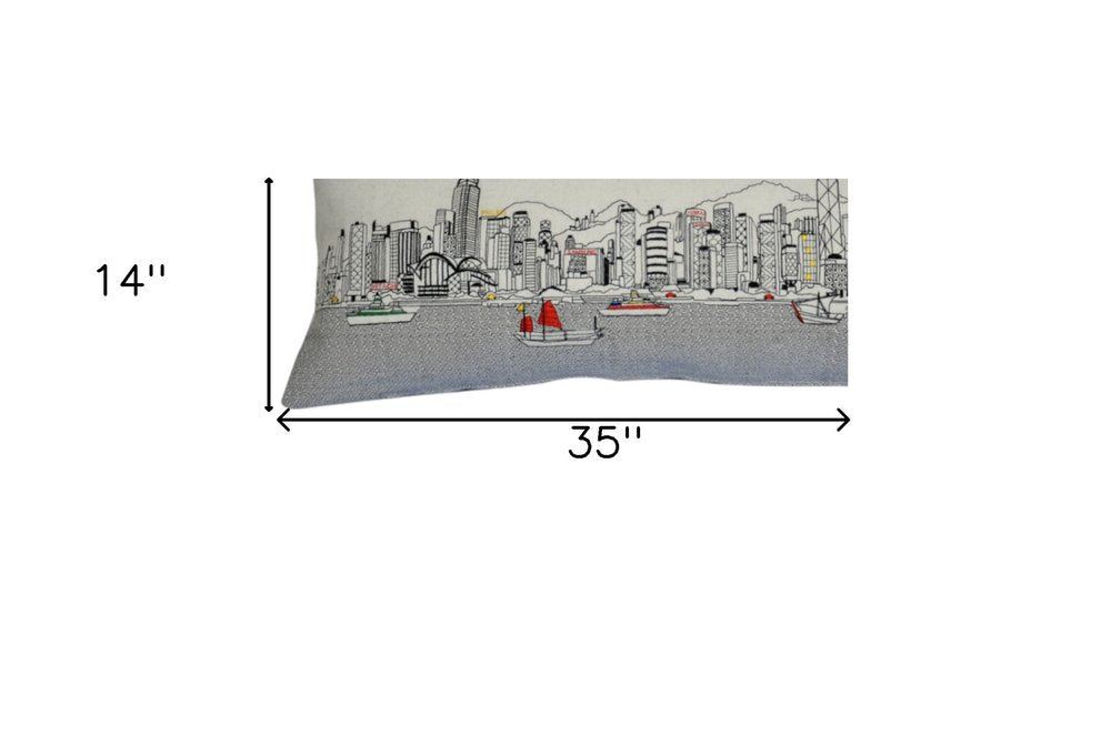 14" X 35" Cream Hong Kong Daylight Skyline Lumbar Decorative Pillow