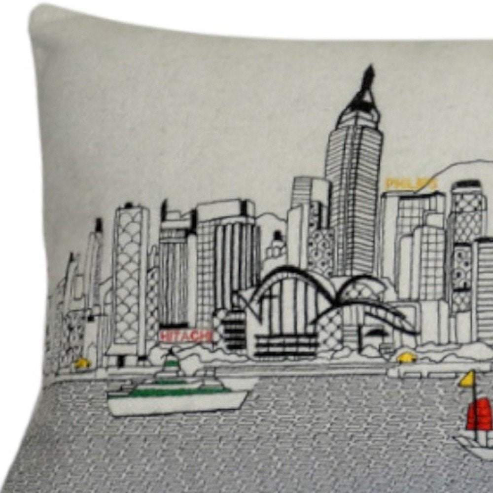 14" X 35" Cream Hong Kong Daylight Skyline Lumbar Decorative Pillow