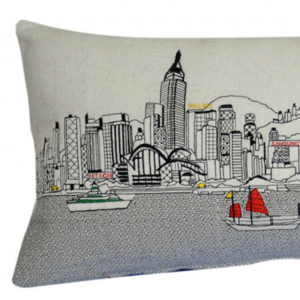 14" X 35" Cream Hong Kong Daylight Skyline Lumbar Decorative Pillow