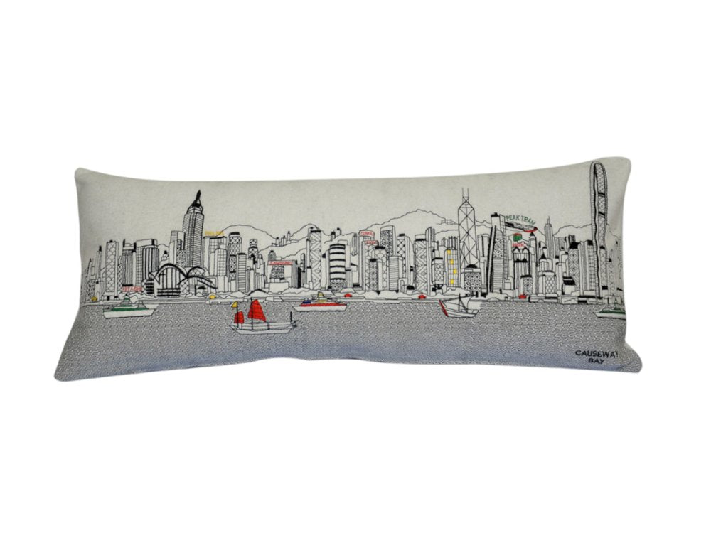 14" X 35" Cream Hong Kong Daylight Skyline Lumbar Decorative Pillow