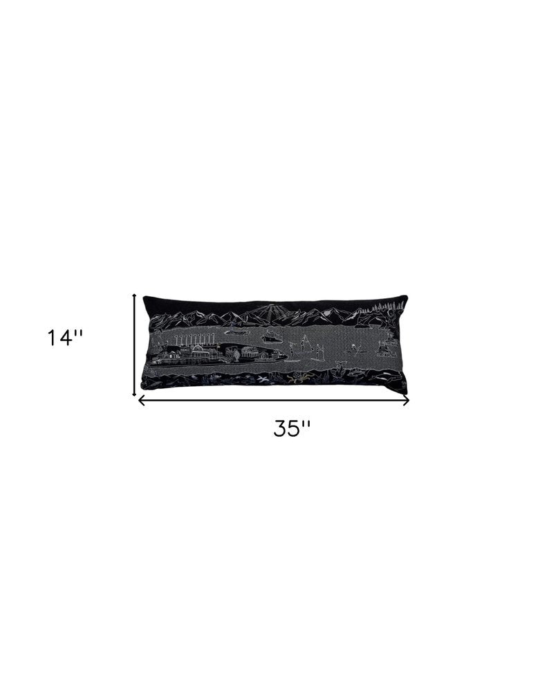 14" X 35" Black Gray and White Hometown Pride Wool Lumbar Throw Pillow