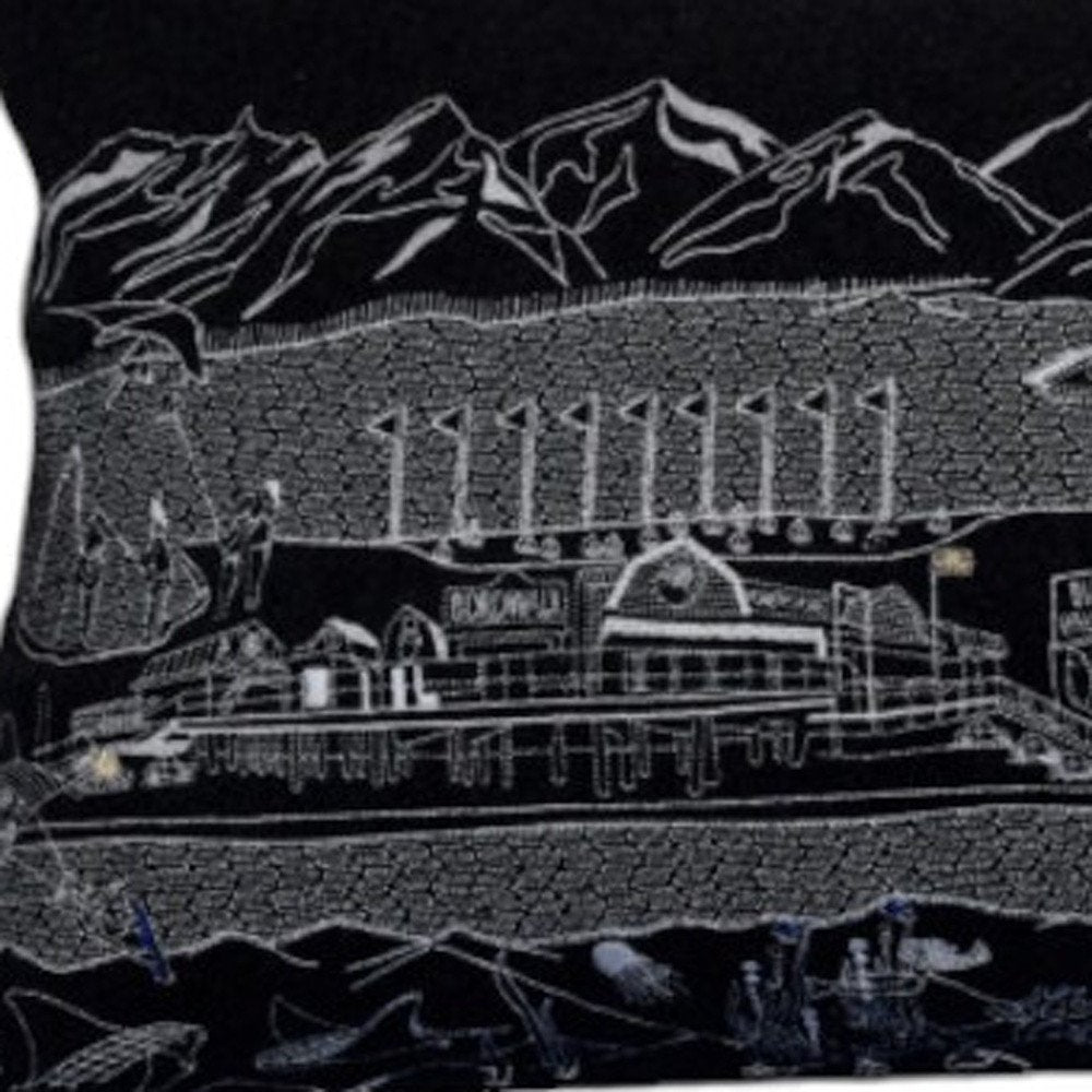 14" X 35" Dark Gray And White Homer Spit Nighttime Skyline Lumbar Decorative Pillow