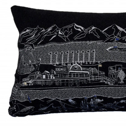 14" X 35" Dark Gray And White Homer Spit Nighttime Skyline Lumbar Decorative Pillow