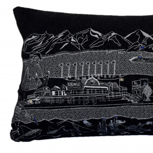 14" X 35" Dark Gray And White Homer Spit Nighttime Skyline Lumbar Decorative Pillow