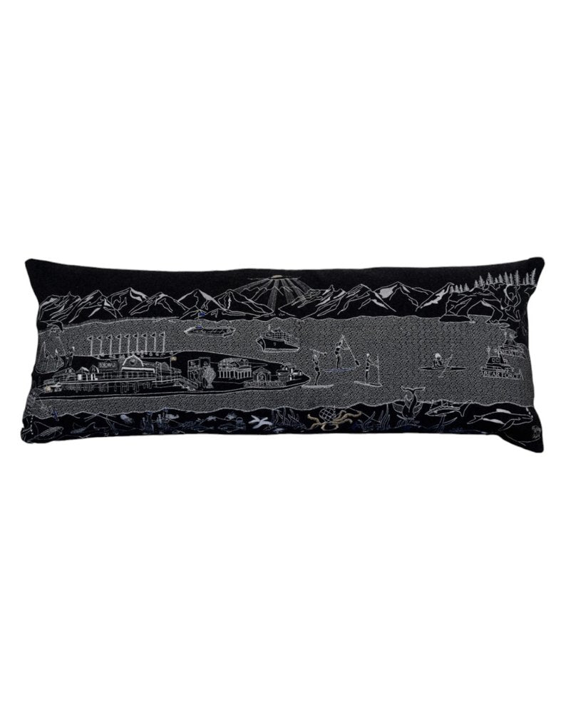 14" X 35" Dark Gray And White Homer Spit Nighttime Skyline Lumbar Decorative Pillow