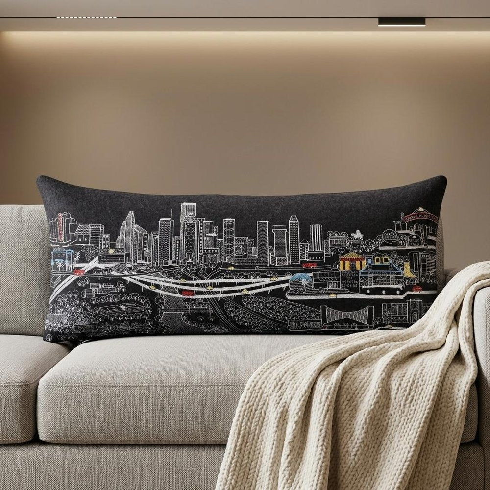 14" X 35" Dark Gray And White Houston Nighttime Skyline Lumbar Decorative Pillow