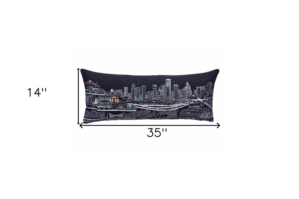 14" X 35" Dark Gray And White Houston Nighttime Skyline Lumbar Decorative Pillow