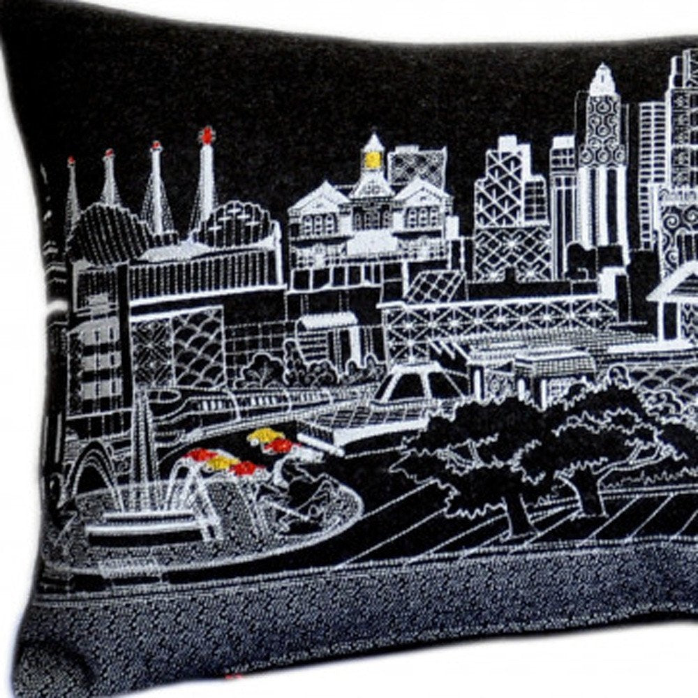 14" X 35" Dark Gray And White Lumbar Kansas City Nighttime Skyline Lumbar Decorative Pillow