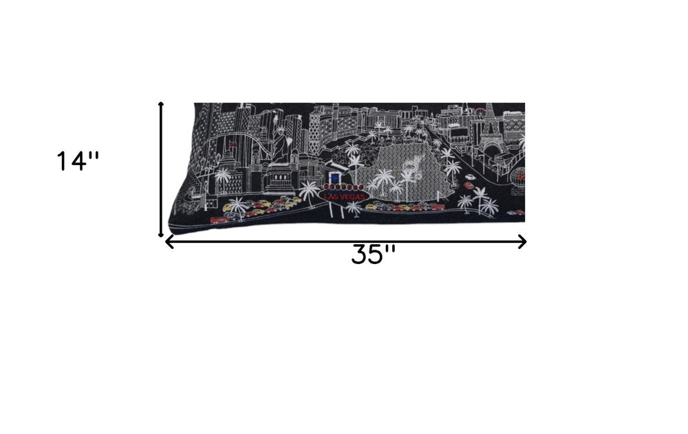 14" X 35" Dark Gray And White Las Vegas Nighttime Skyline Lumbar Decorative Pillow