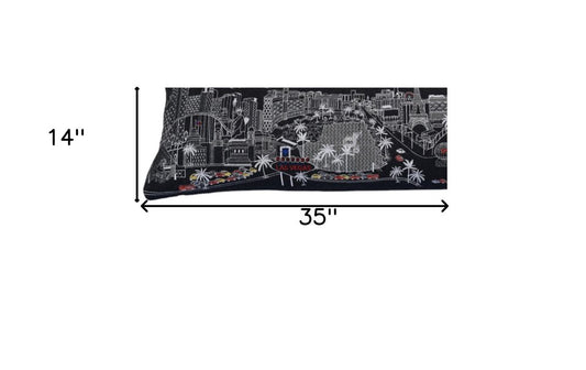 14" X 35" Dark Gray And White Las Vegas Nighttime Skyline Lumbar Decorative Pillow