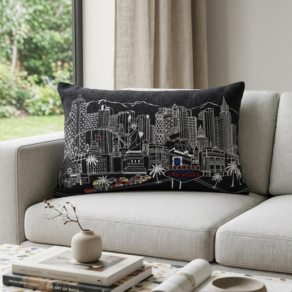 14" X 35" Dark Gray And White Las Vegas Nighttime Skyline Lumbar Decorative Pillow
