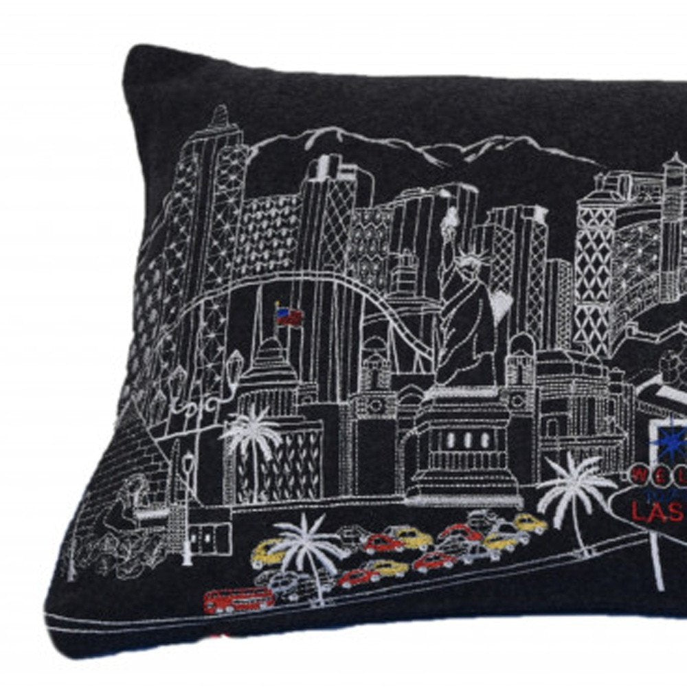 14" X 35" Dark Gray And White Las Vegas Nighttime Skyline Lumbar Decorative Pillow