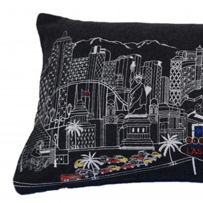 14" X 35" Dark Gray And White Las Vegas Nighttime Skyline Lumbar Decorative Pillow