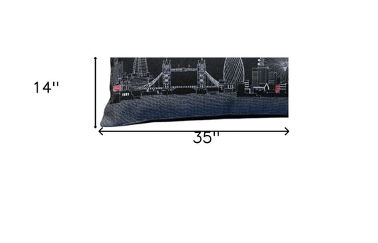 14" X 35" Dark Gray And White London Nighttime Skyline Lumbar Decorative Pillow