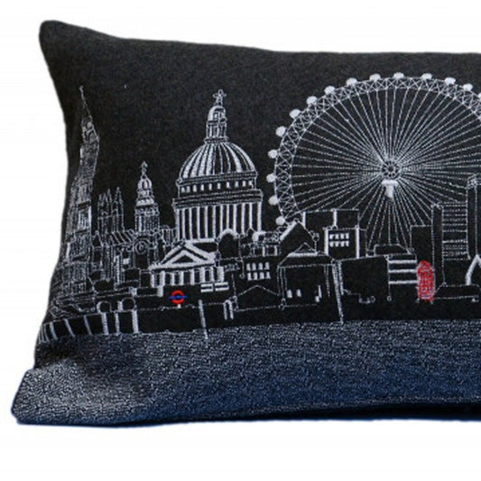 14" X 35" Dark Gray And White London Nighttime Skyline Lumbar Decorative Pillow