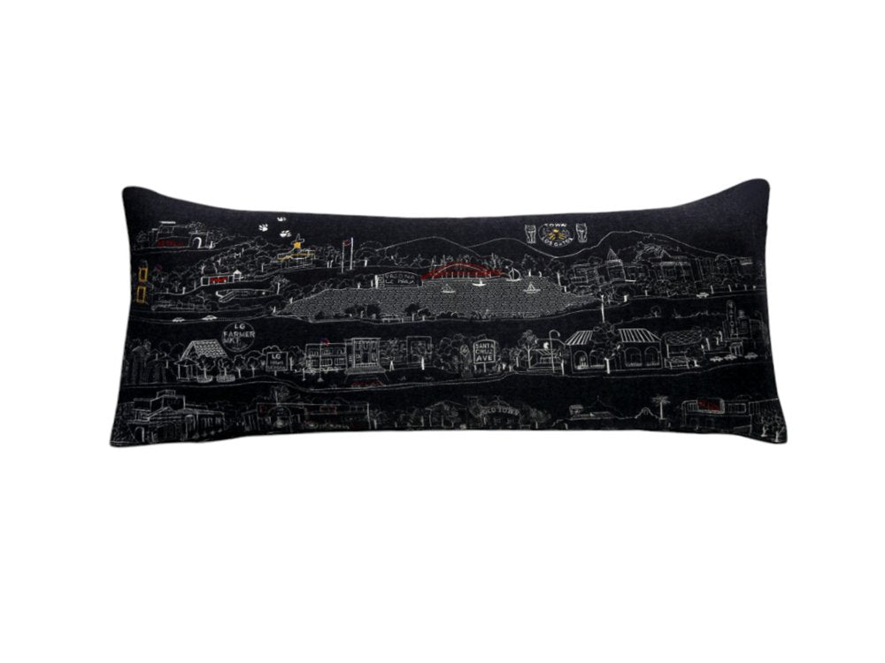 14" X 35" Dark Gray And White Los Gatos Nighttime Skyline Lumbar Decorative Pillow