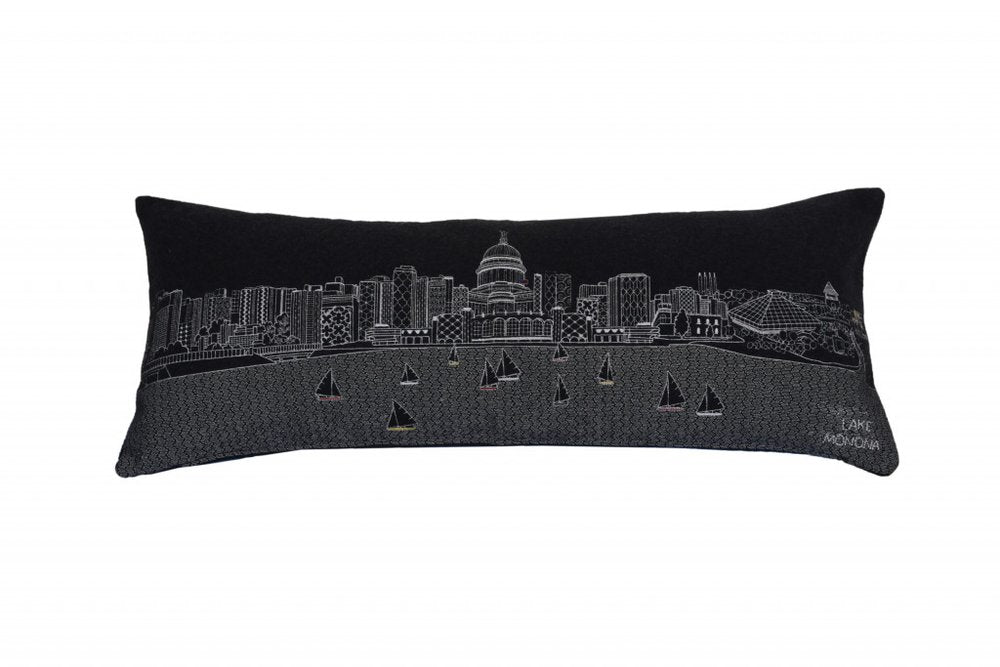 14" X 35" Dark Gray And White Madison Nighttime Skyline Lumbar Decorative Pillow