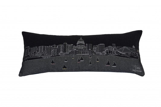 14" X 35" Dark Gray And White Madison Nighttime Skyline Lumbar Decorative Pillow