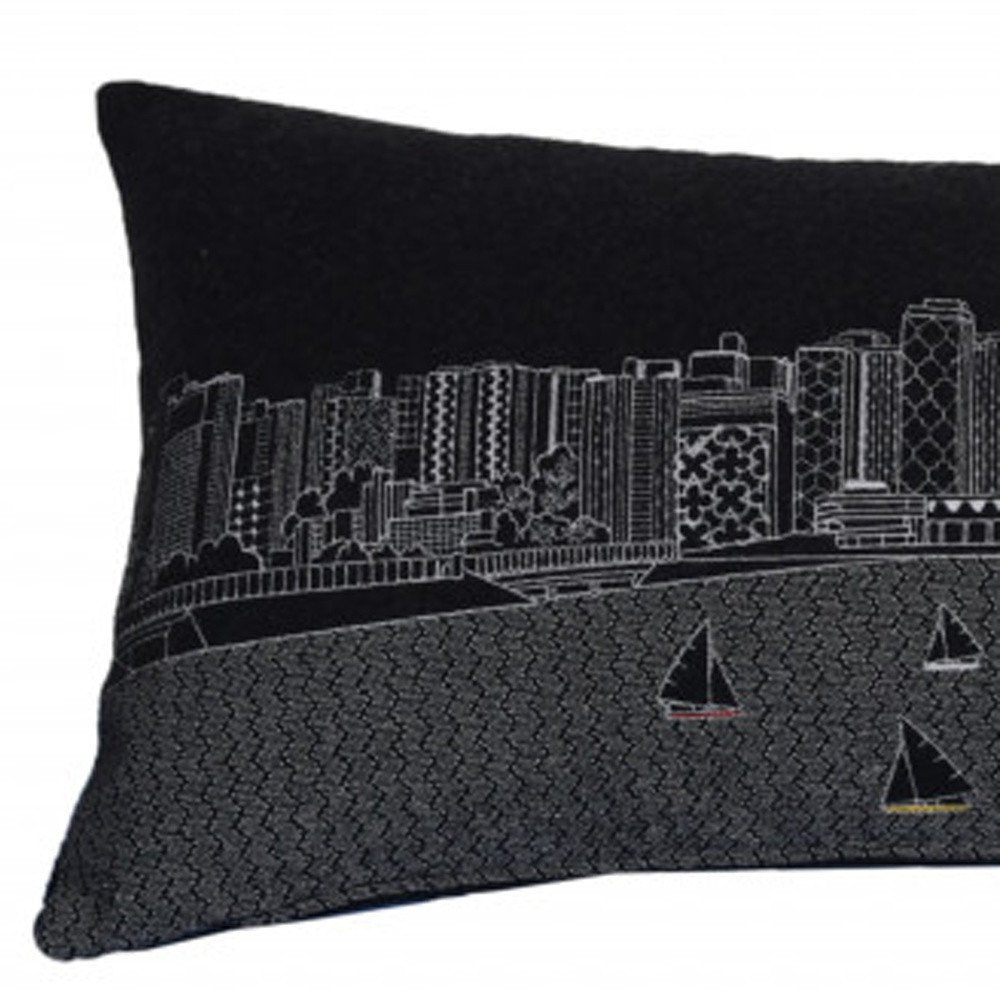 14" X 35" Dark Gray And White Madison Nighttime Skyline Lumbar Decorative Pillow