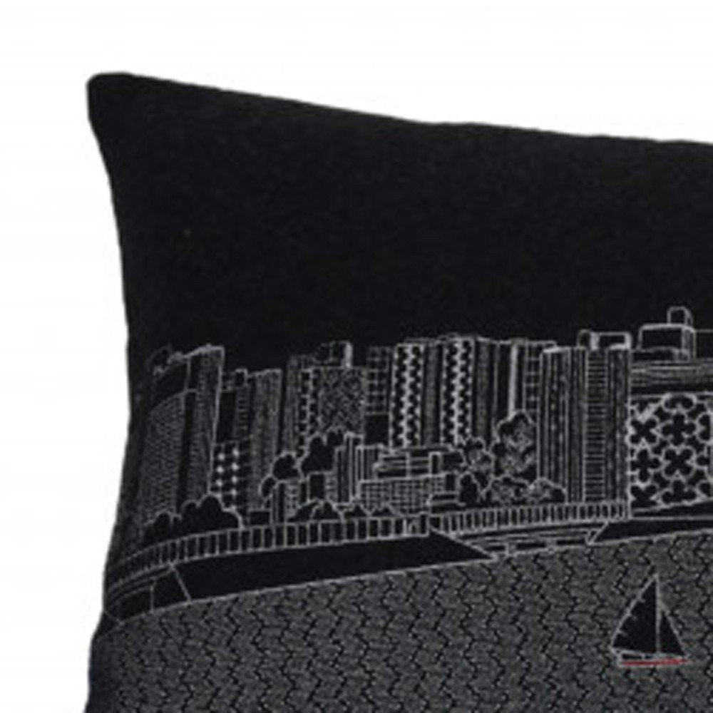 14" X 35" Dark Gray And White Madison Nighttime Skyline Lumbar Decorative Pillow