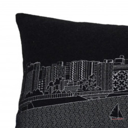 14" X 35" Dark Gray And White Madison Nighttime Skyline Lumbar Decorative Pillow