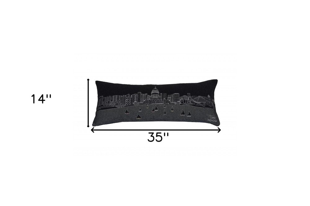 14" X 35" Dark Gray And White Madison Nighttime Skyline Lumbar Decorative Pillow