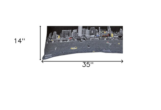 14" X 35" Dark Gray And White Miami Nighttime Skyline Lumbar Decorative Pillow