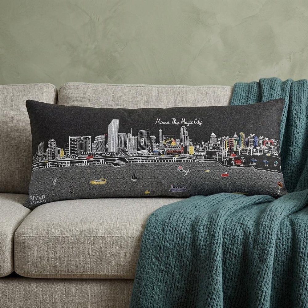 14" X 35" Dark Gray And White Miami Nighttime Skyline Lumbar Decorative Pillow