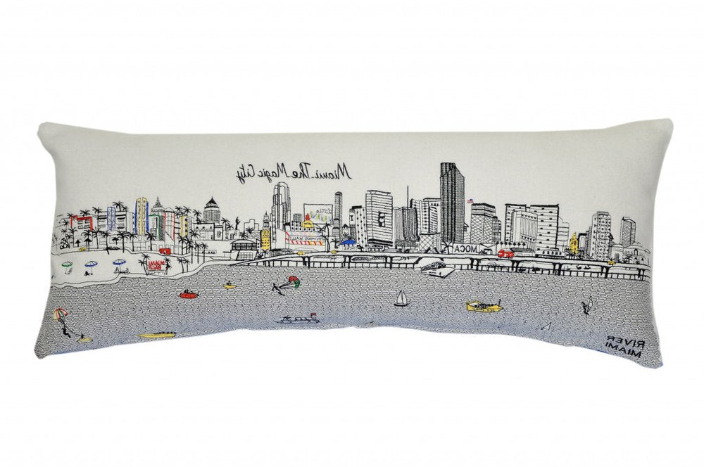 14" X 35" Cream Miami Daylight Skyline Lumbar Decorative Pillow