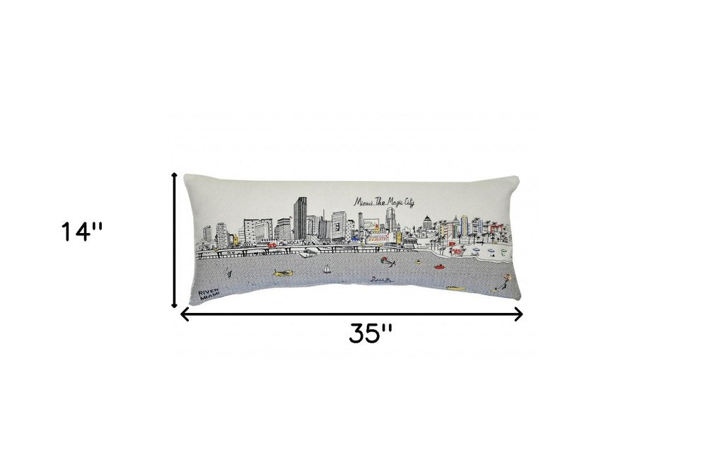 14" X 35" Cream Miami Daylight Skyline Lumbar Decorative Pillow
