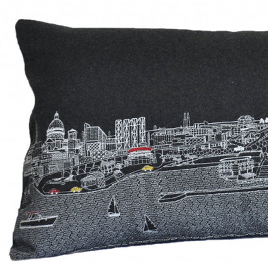 14" X 35" Dark Gray And White Milwaukee Nighttime Skyline Lumbar Decorative Pillow