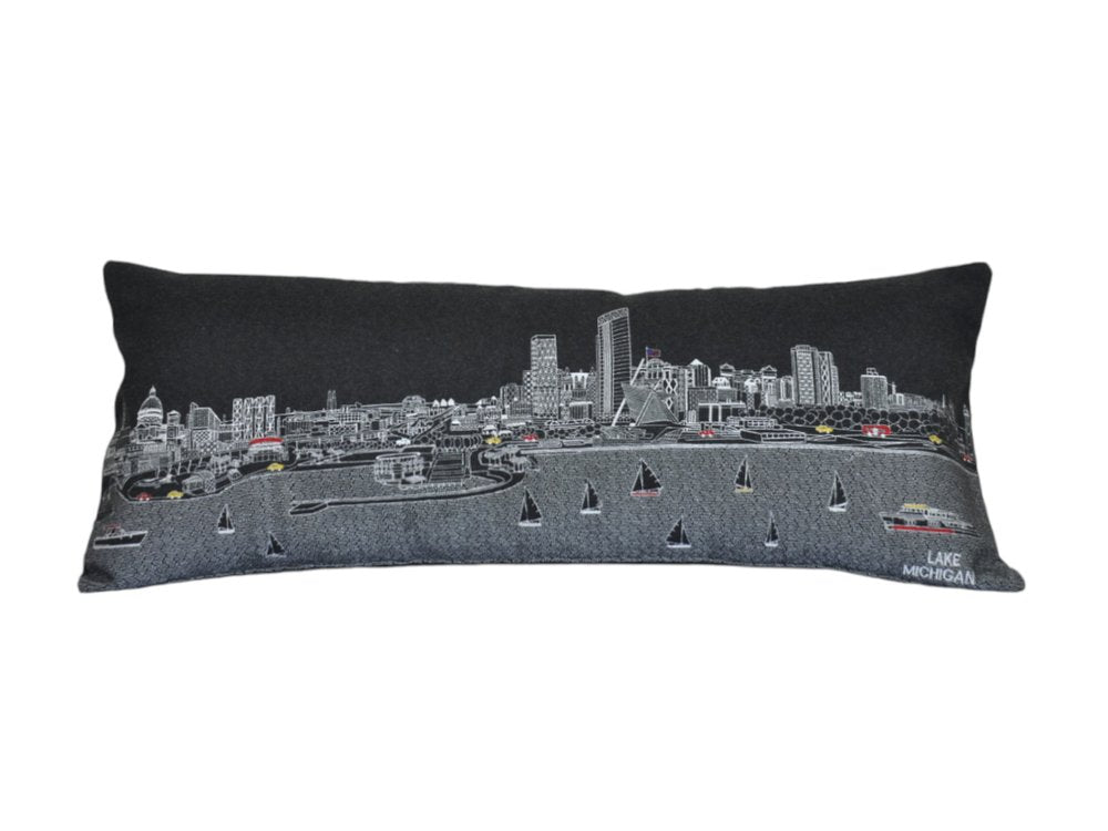 14" X 35" Dark Gray And White Milwaukee Nighttime Skyline Lumbar Decorative Pillow