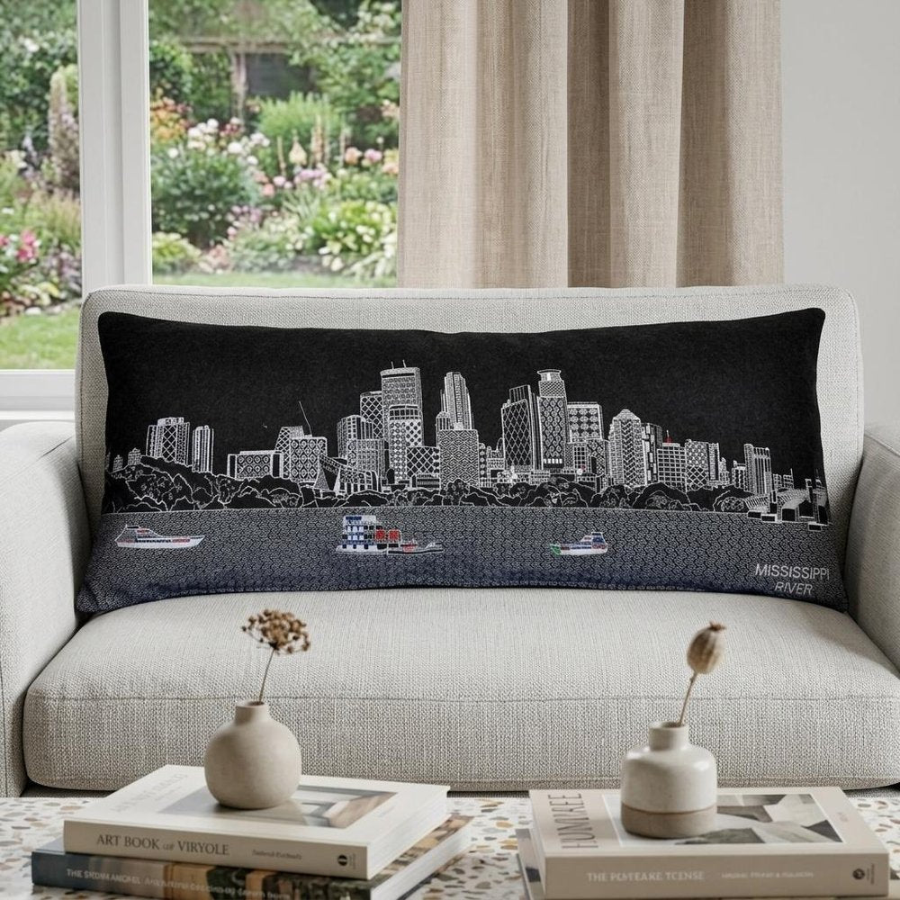 14" X 35" Dark Gray And White Minneapolis Nighttime Skyline Lumbar Decorative Pillow