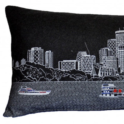 14" X 35" Dark Gray And White Minneapolis Nighttime Skyline Lumbar Decorative Pillow
