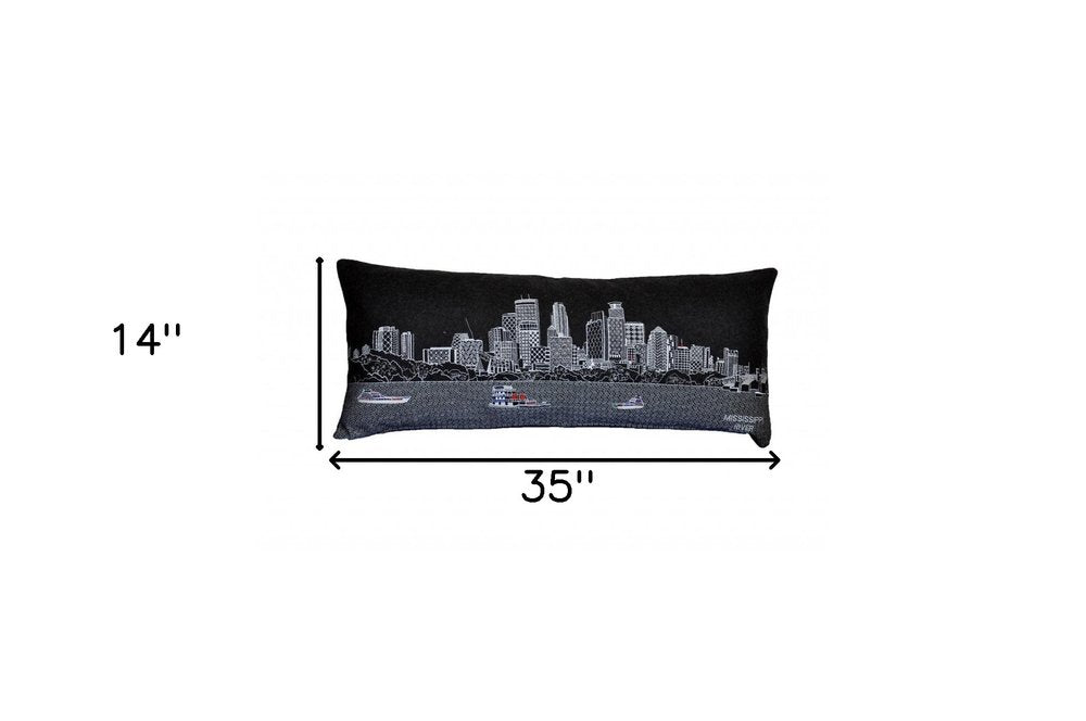 14" X 35" Dark Gray And White Minneapolis Nighttime Skyline Lumbar Decorative Pillow