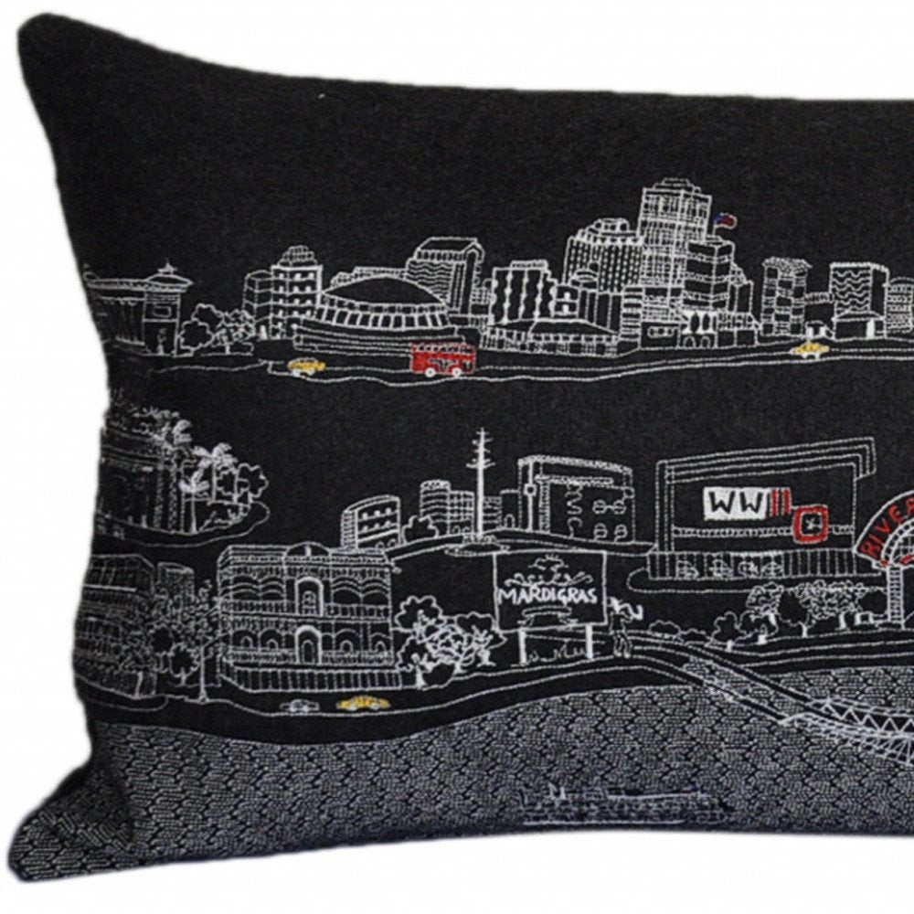 14" X 35" Black Gray and White Hometown Pride Wool Lumbar Throw Pillow