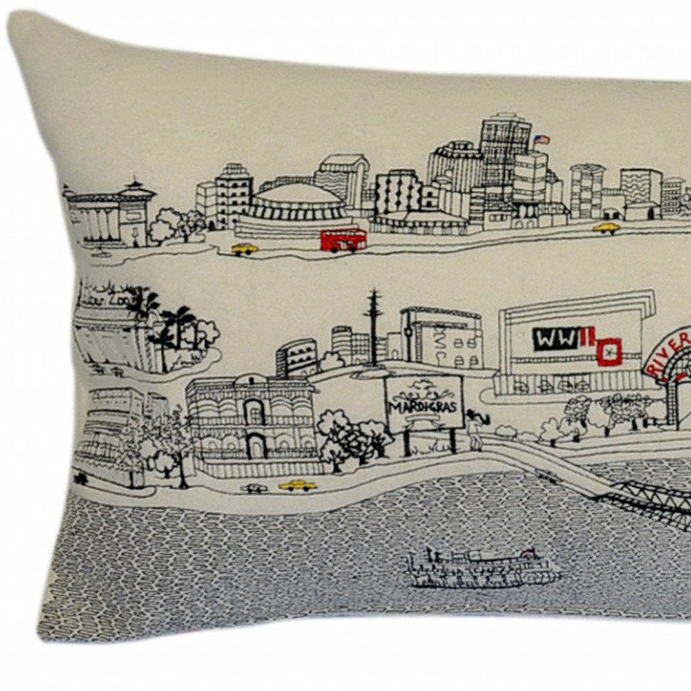 14" X 35" Cream New Orleans Daylight Skyline Lumbar Decorative Pillow