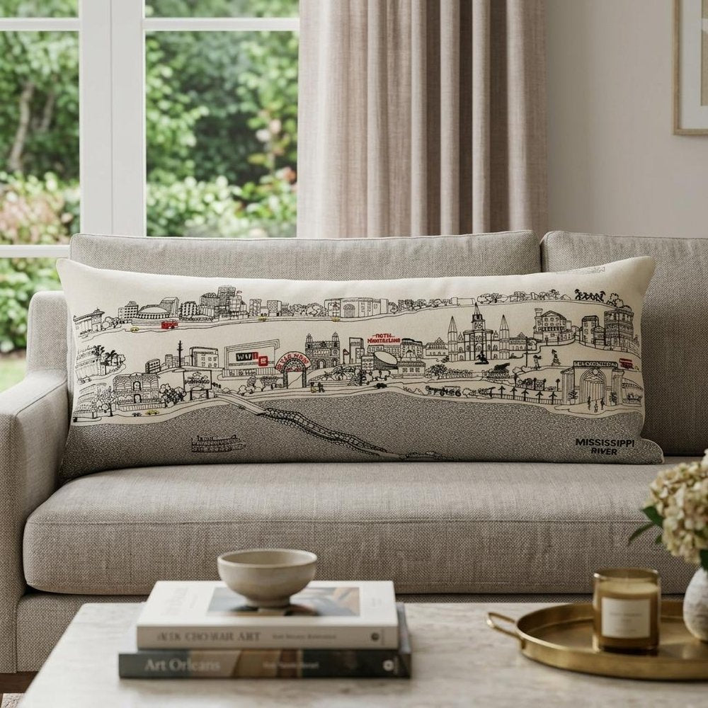 14" X 35" Cream New Orleans Daylight Skyline Lumbar Decorative Pillow