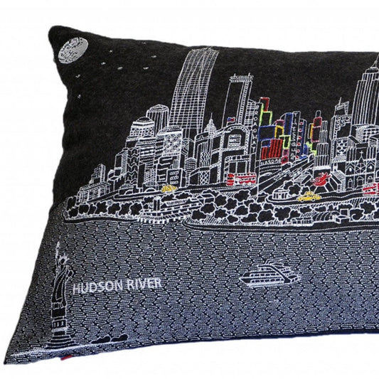 14" X 35" Dark Gray And White NYC Nighttime Skyline Lumbar Decorative Pillow
