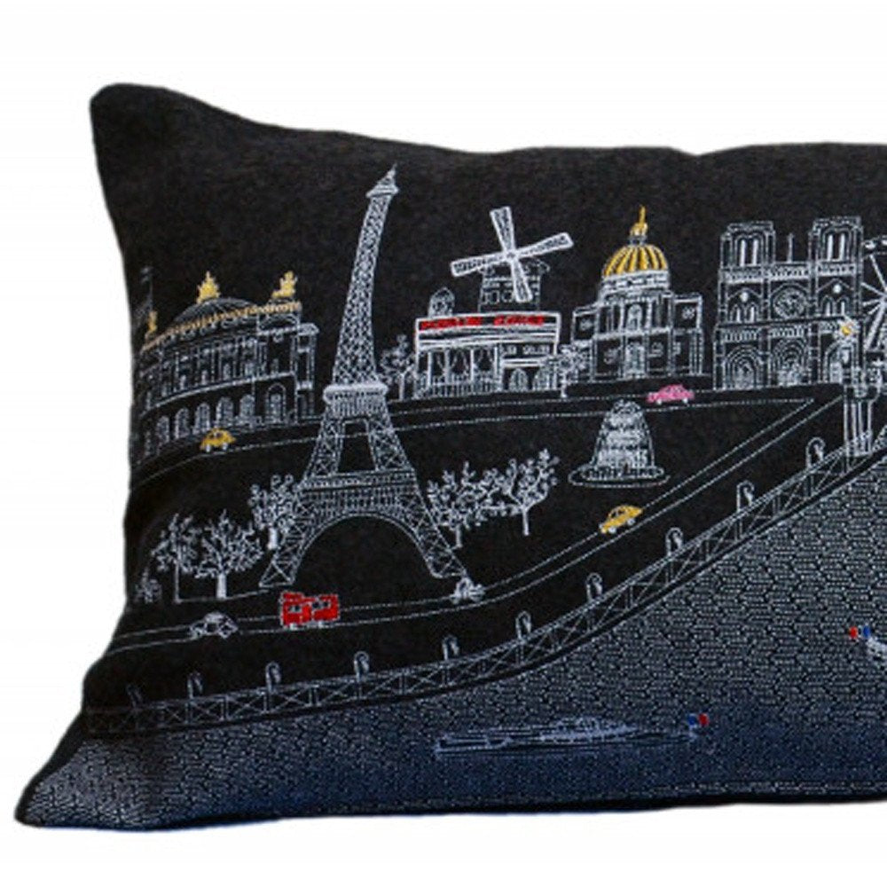 14" X 35" Dark Gray And White Paris Nighttime Skyline Lumbar Decorative Pillow
