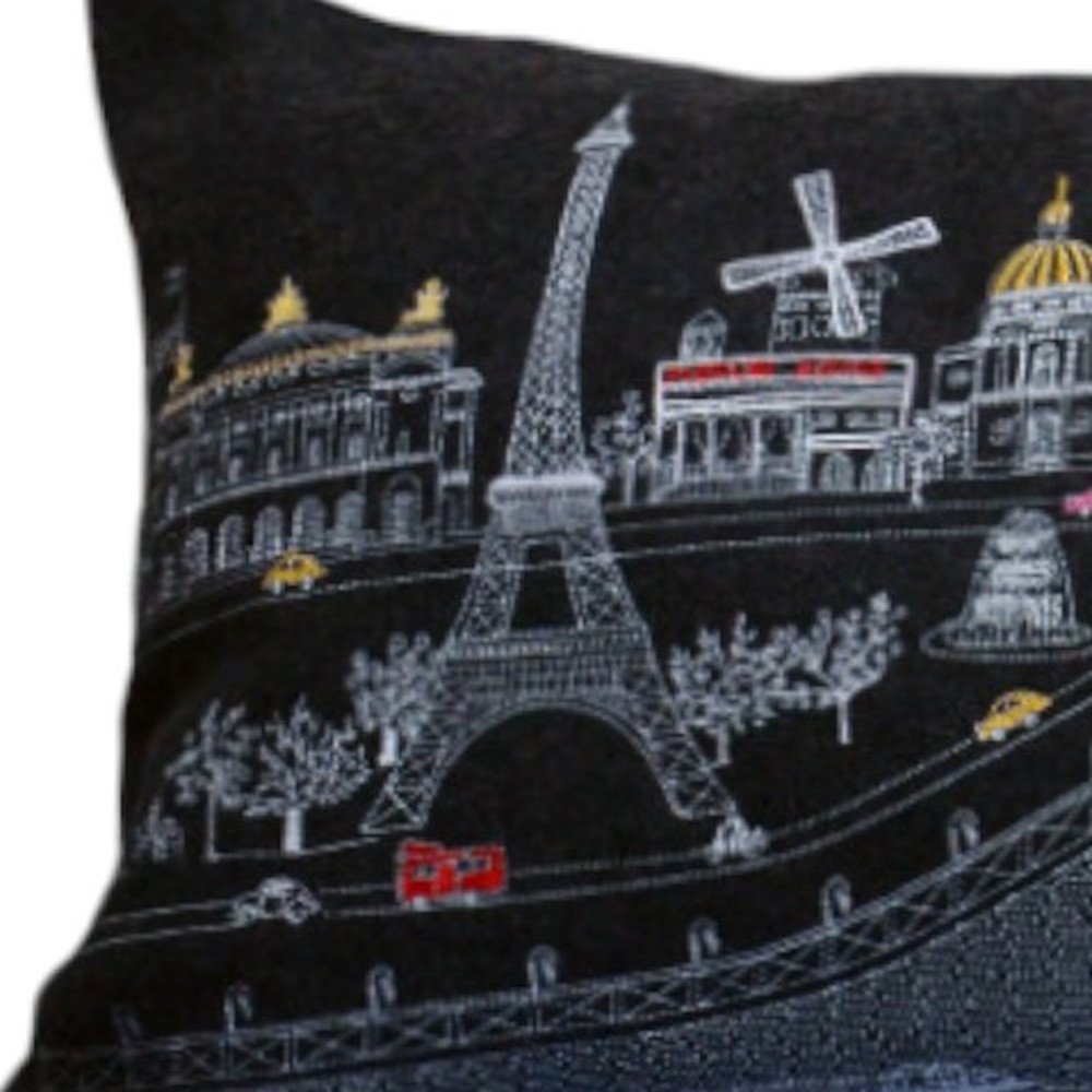 14" X 35" Dark Gray And White Paris Nighttime Skyline Lumbar Decorative Pillow