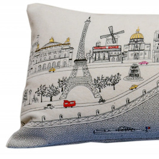14" X 35" Cream Paris Daylight Skyline Lumbar Decorative Pillow
