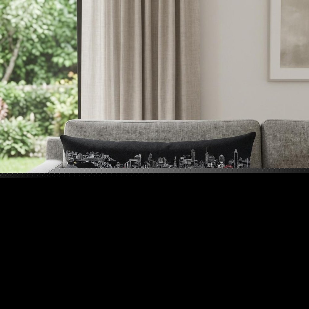 14" X 35" Dark Gray And White Philadelphia Nighttime Skyline Lumbar Decorative Pillow