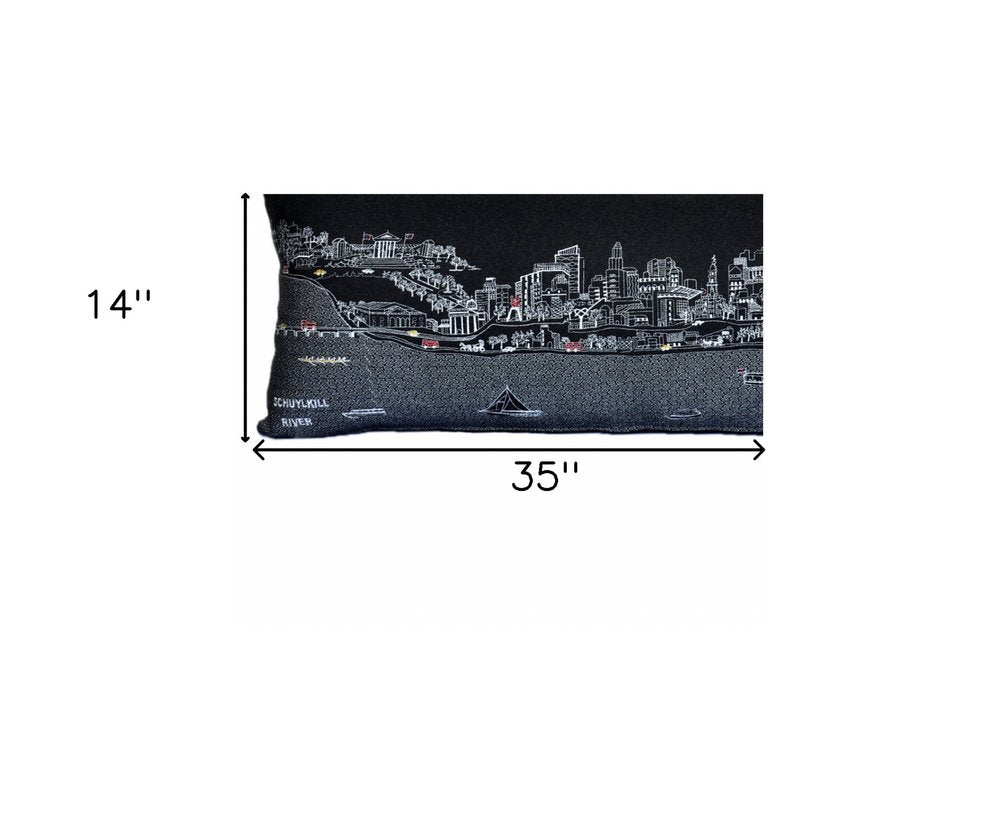 14" X 35" Black Gray and White Hometown Pride Wool Lumbar Throw Pillow