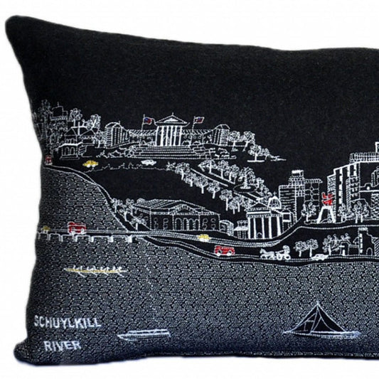 14" X 35" Dark Gray And White Philadelphia Nighttime Skyline Lumbar Decorative Pillow