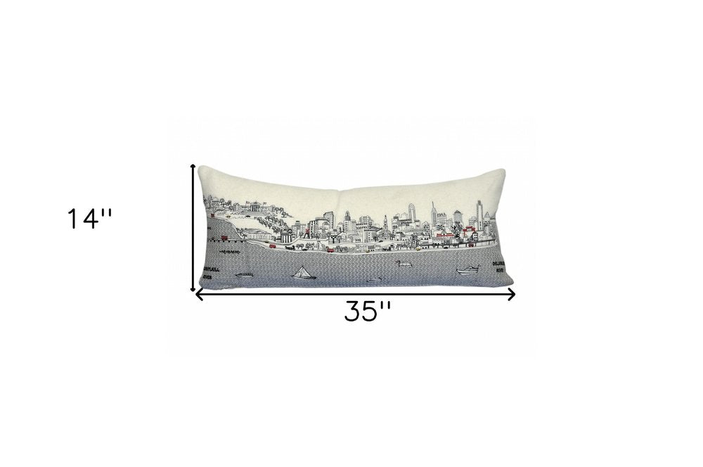 14" X 35" Cream Philadelphia Daylight Skyline Lumbar Decorative Pillow