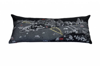 14" X 35" Dark Gray And White Pittsburgh Nighttime Skyline Lumbar Decorative Pillow