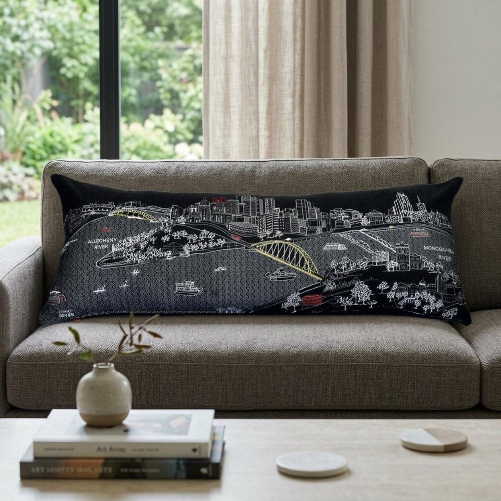 14" X 35" Dark Gray And White Pittsburgh Nighttime Skyline Lumbar Decorative Pillow