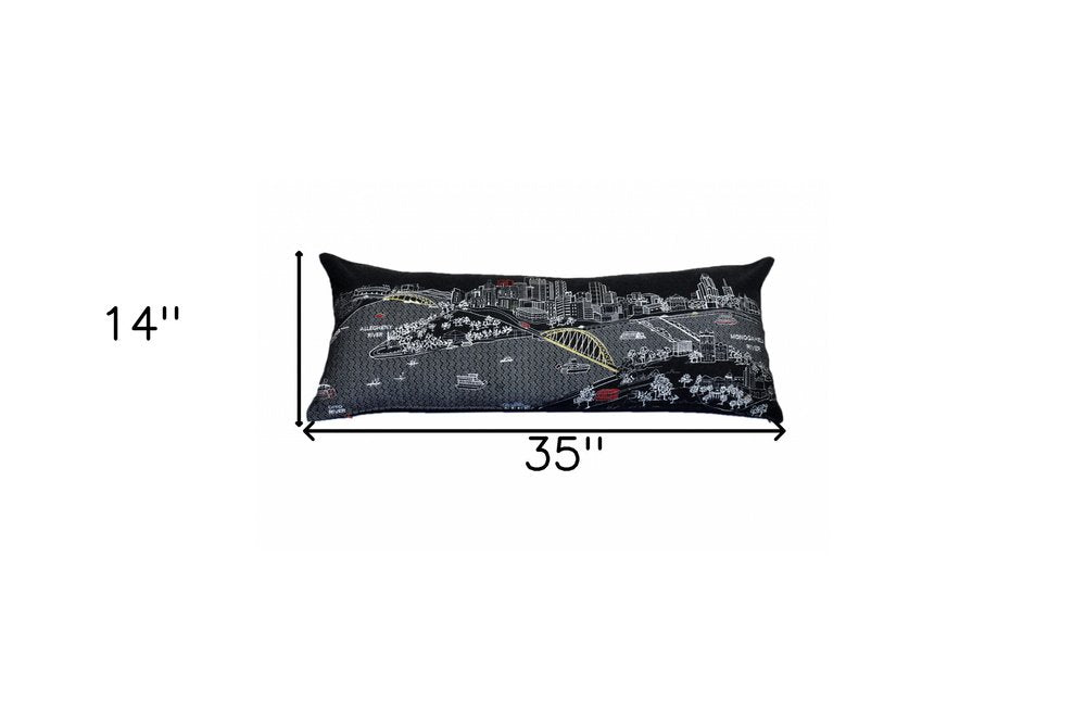 14" X 35" Dark Gray And White Pittsburgh Nighttime Skyline Lumbar Decorative Pillow