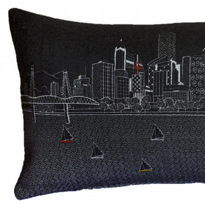 14" X 35" Dark Gray And White Portland Nighttime Skyline Lumbar Decorative Pillow